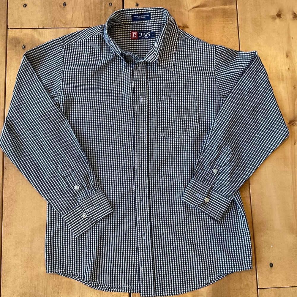 SALE ‼️CHAPS BOYS/YOUTH CLASSIC BUTTON DOWN MICRO CHECK LONG SLEEVE DRESS 14 EUC